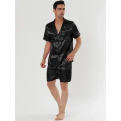 Lars Amadeus Men's Satin Pajama Set Summer Short Sleeve Night Wear Sleepwears Sleep Lounge Sets