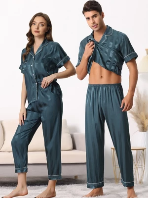 Cheibear Men Striped Satin Button Down Short Sleeve Long Pants Pajama Set 2 Cheibear Men Striped Satin Button Down Short Sleeve Long Pants Pajama Set - Image 2