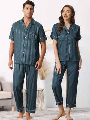 Cheibear Men Striped Satin Button Down Short Sleeve Long Pants Pajama Set 1 Cheibear Men Striped Satin Button Down Short Sleeve Long Pants Pajama Set